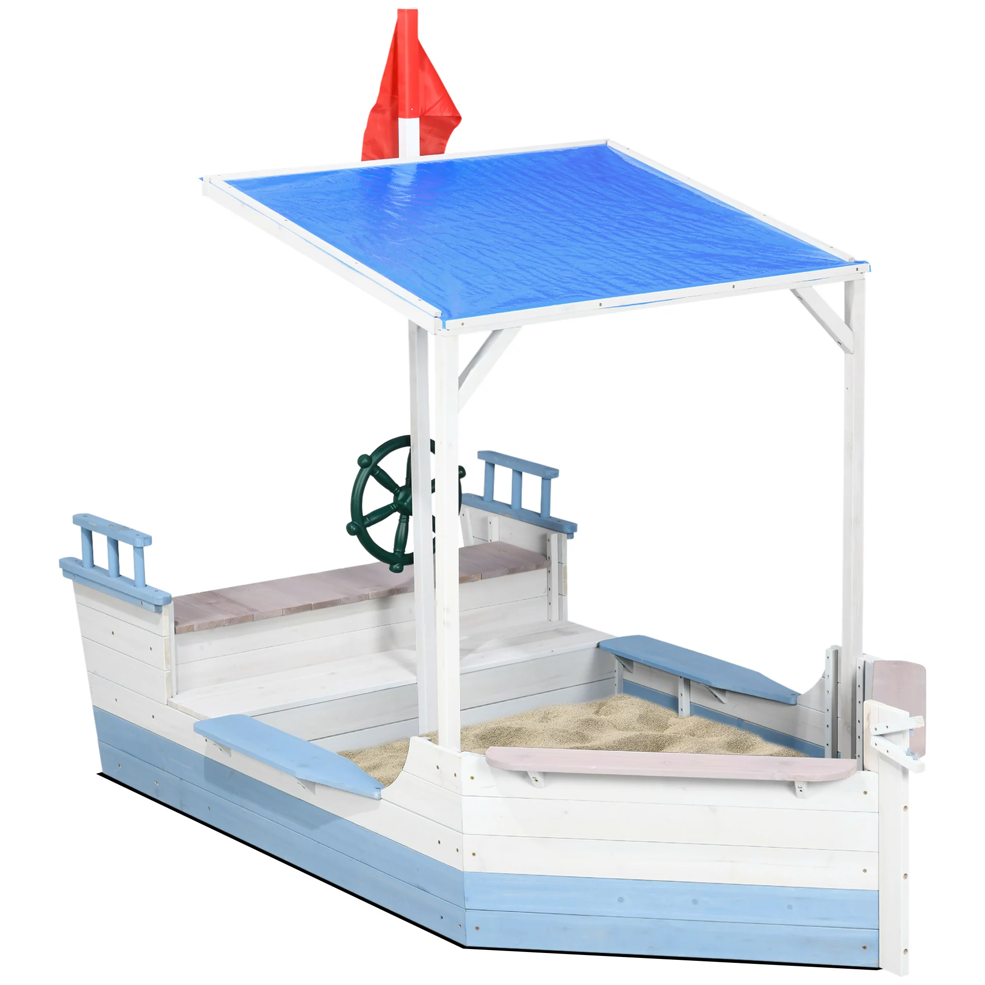 Outsunny Kids Sandbox with Canopy， Wooden Sandbox Backyard Toy， Pirate Ship Sandbox for Up to 4 Kids， Outdoor Activity Boat Toy， 82.75 x 43.25， Blue