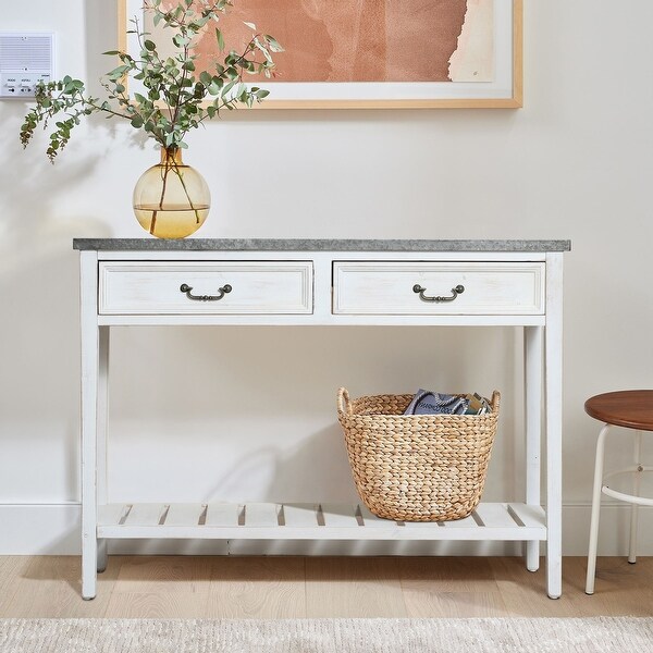 Farmhouse Distressed White Wood and Galvanize Top Console Table - 31.5