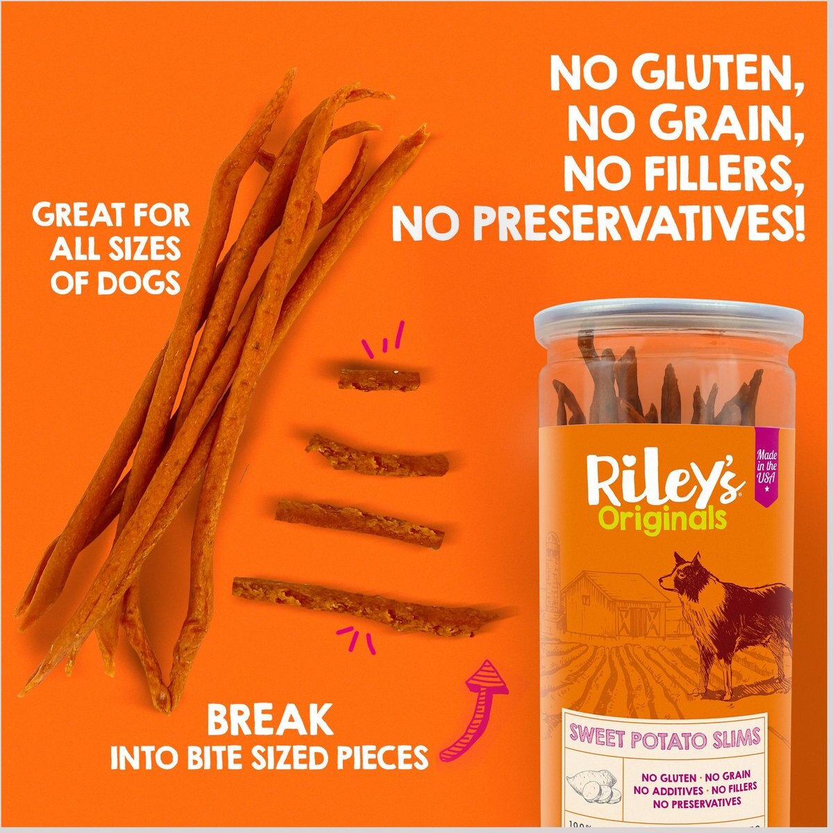 Riley's Originals Slims Dried Sweet Potato Dehydrated Dog Treats， 7.5-oz bag