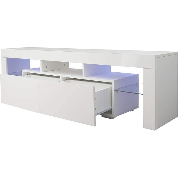 White LED TV Stand， Modern Entertainment Center for 65 Inch TV with 2 Drawer Storage and 2 Open Shelves - as picture