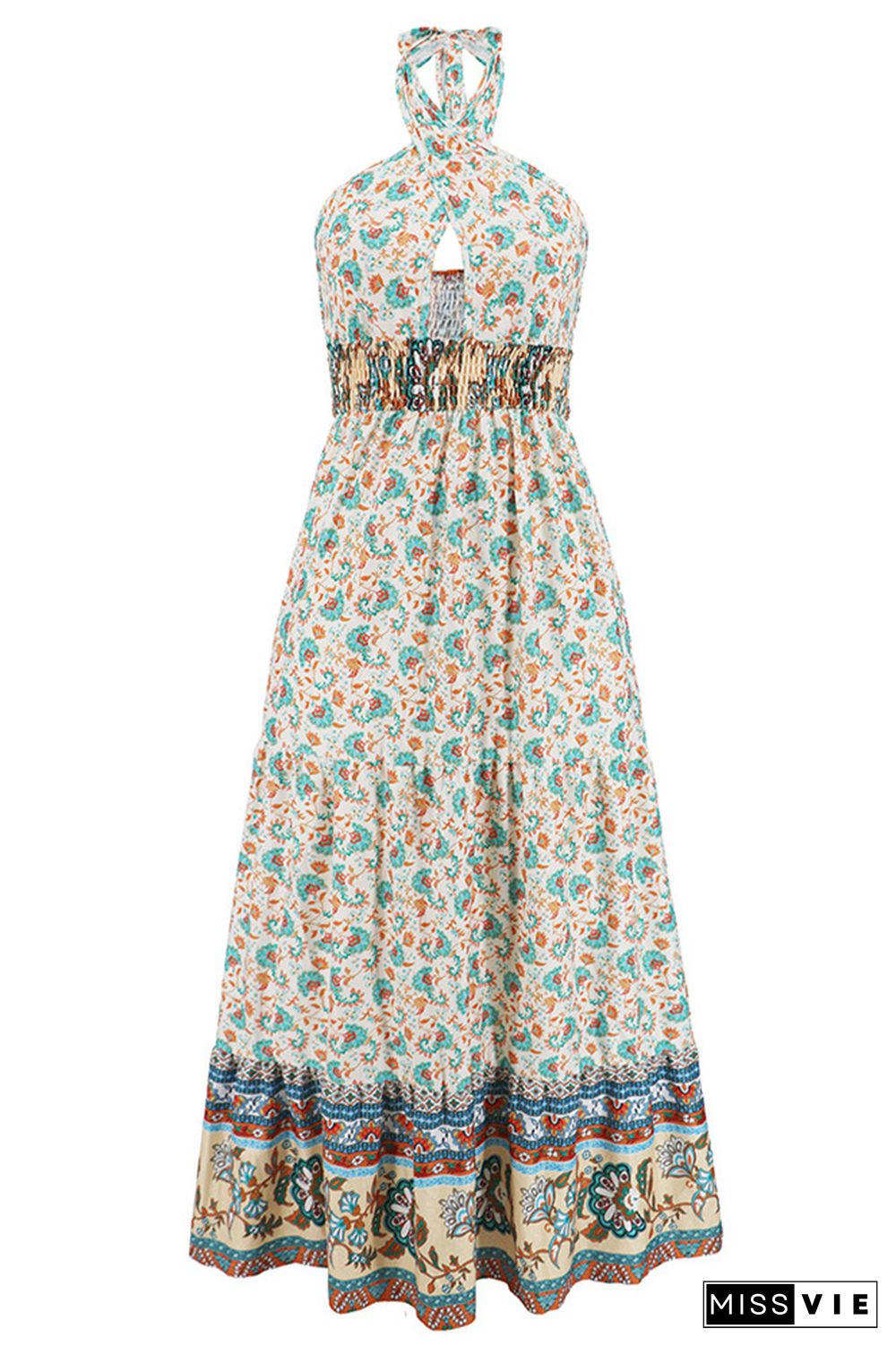 Twisted Halter Hollow Out Smocked Waist Boho Floral Maxi Dress