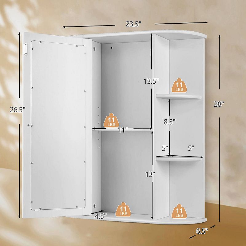 Bathroom Cabinet Single Door Shelves Wall Mount Cabinet with Mirror