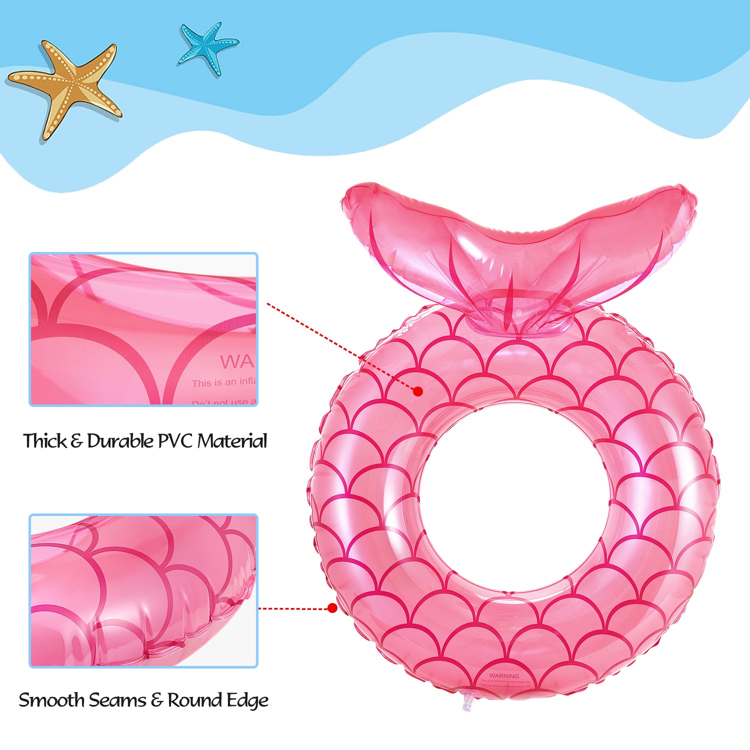 2 Pack Mermaid Pool Float for Kids, MoKo 23" Inflatable Mermaid Swimming Ring Floating Bed, Mermaid Tail Tubes Beach Pool Float for Child, Rose Gold & Blue