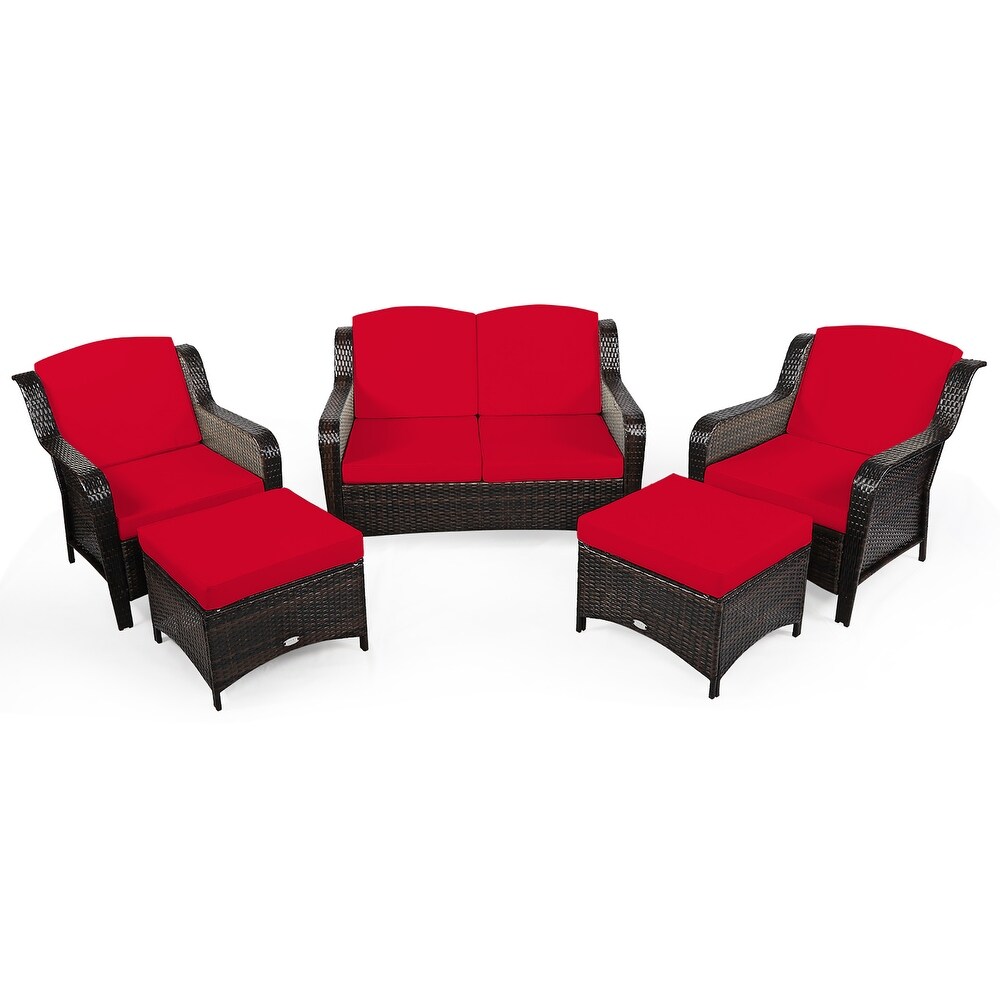 Costway 5PCS Patio Rattan Furniture Set Loveseat Sofa Ottoman