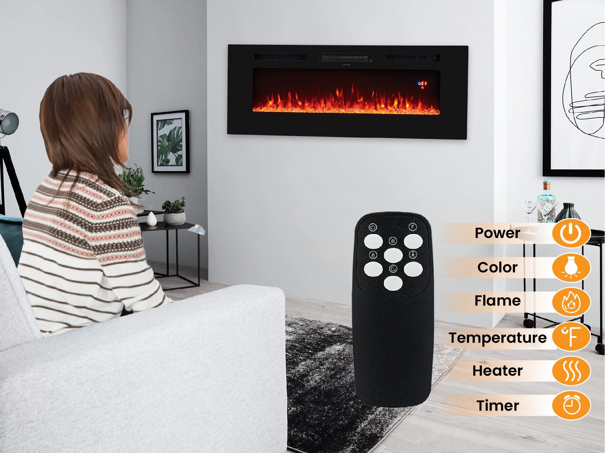 Cyra Electric Fireplace 50" Wall Mounted Electric Fireplace Inserts LED Fireplace with 3 Colors, Temperature, Touch Screen, Remote Control, Timer, Crystal Stones, Wood by Naomi Home - 50 Inch