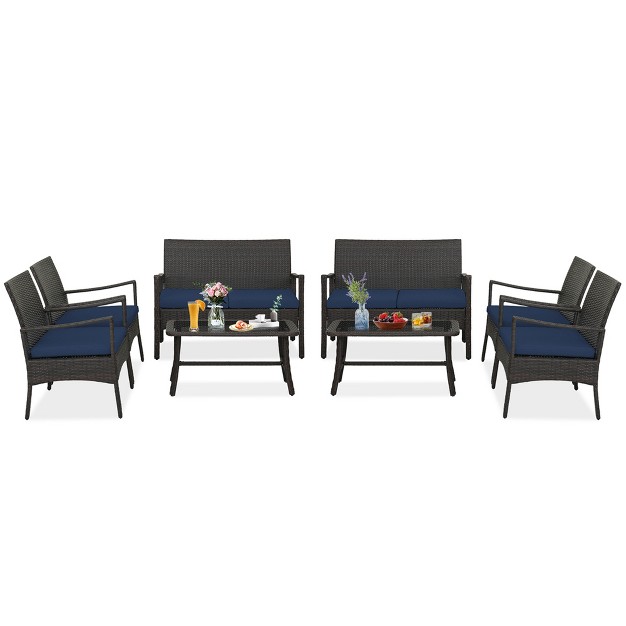 Costway 8pcs Patio Rattan Wicker Furniture Set Cushioned Sofa Armrest Coffee Table Navy