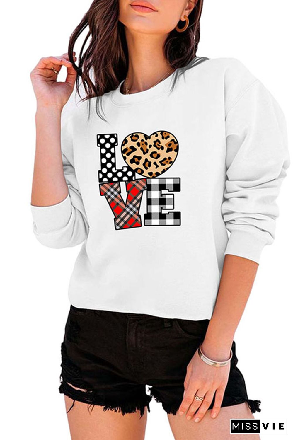 Leopard Plaid Love Heart,Valentine's Day Classic Crew Sweatshirt Wholesale