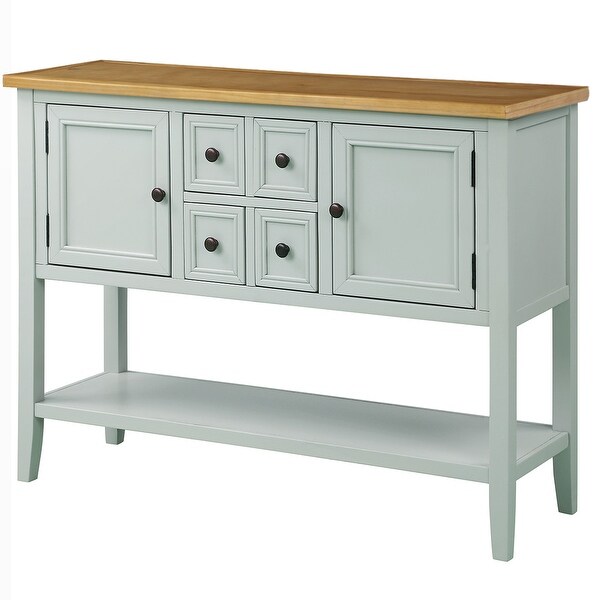 Wooden Console Table with 4 Storage Drawers and 2 Cabinets， Sofa Table with Bottom Shelf and Solid Wood Legs， Lime White