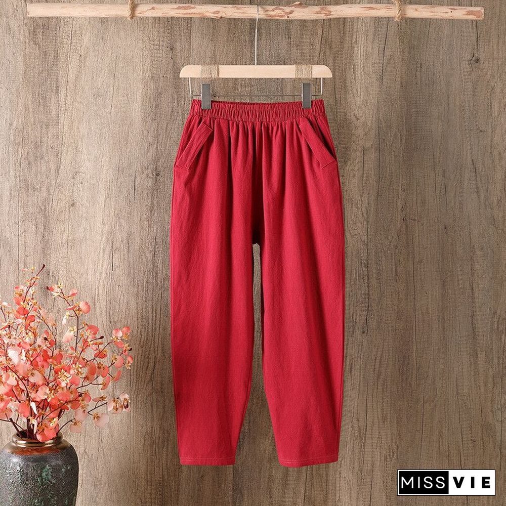 Women's Summer Capri Pants Elastic Waist Ankle-length Linens Pants Plus Size Causal Vintage Cotton Linen Harem Pants for Women