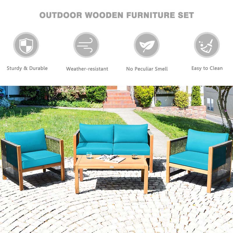 4 Pcs Acacia Wood Outdoor Loveseat Sofa Set with 2 Single Chairs & Coffee Table, Cushions