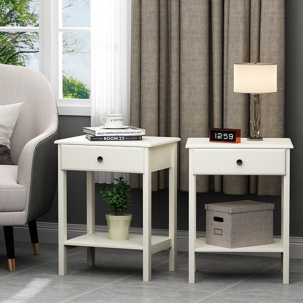 Wood Nightstand Set of 2， Modern Bedside Table with Drawer and Shelf