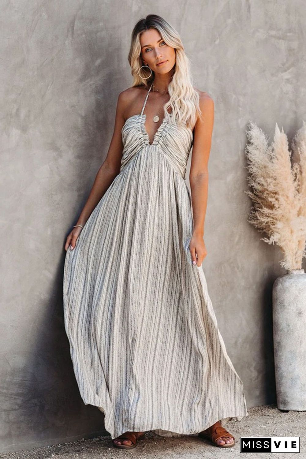 Pocketed Printed Halter Backless Maxi Dress