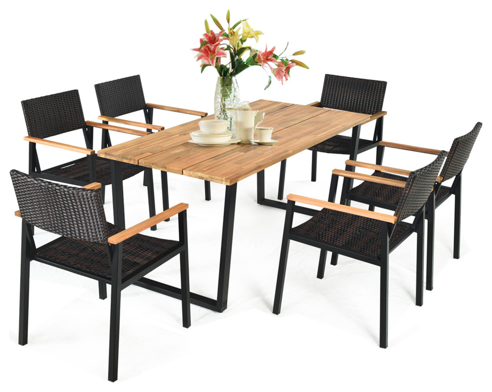 Costway 7PCS Patio Rattan Patented Dining Chair Table Set W/ Umbrella Hole   Tropical   Outdoor Dining Sets   by Costway INC.  Houzz