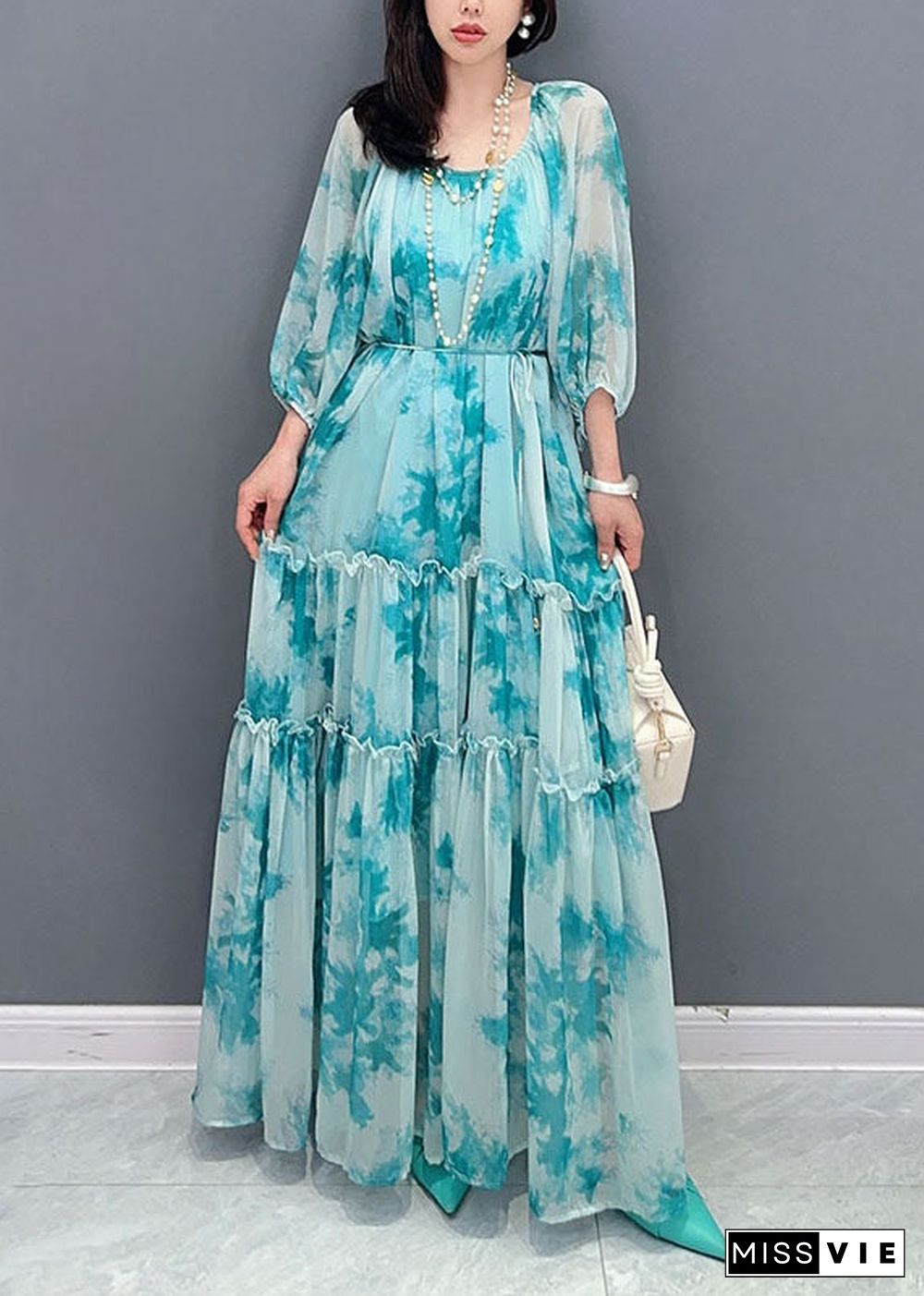 French Blue O Neck Ruffled Patchwork Long Chiffon Dress Summer