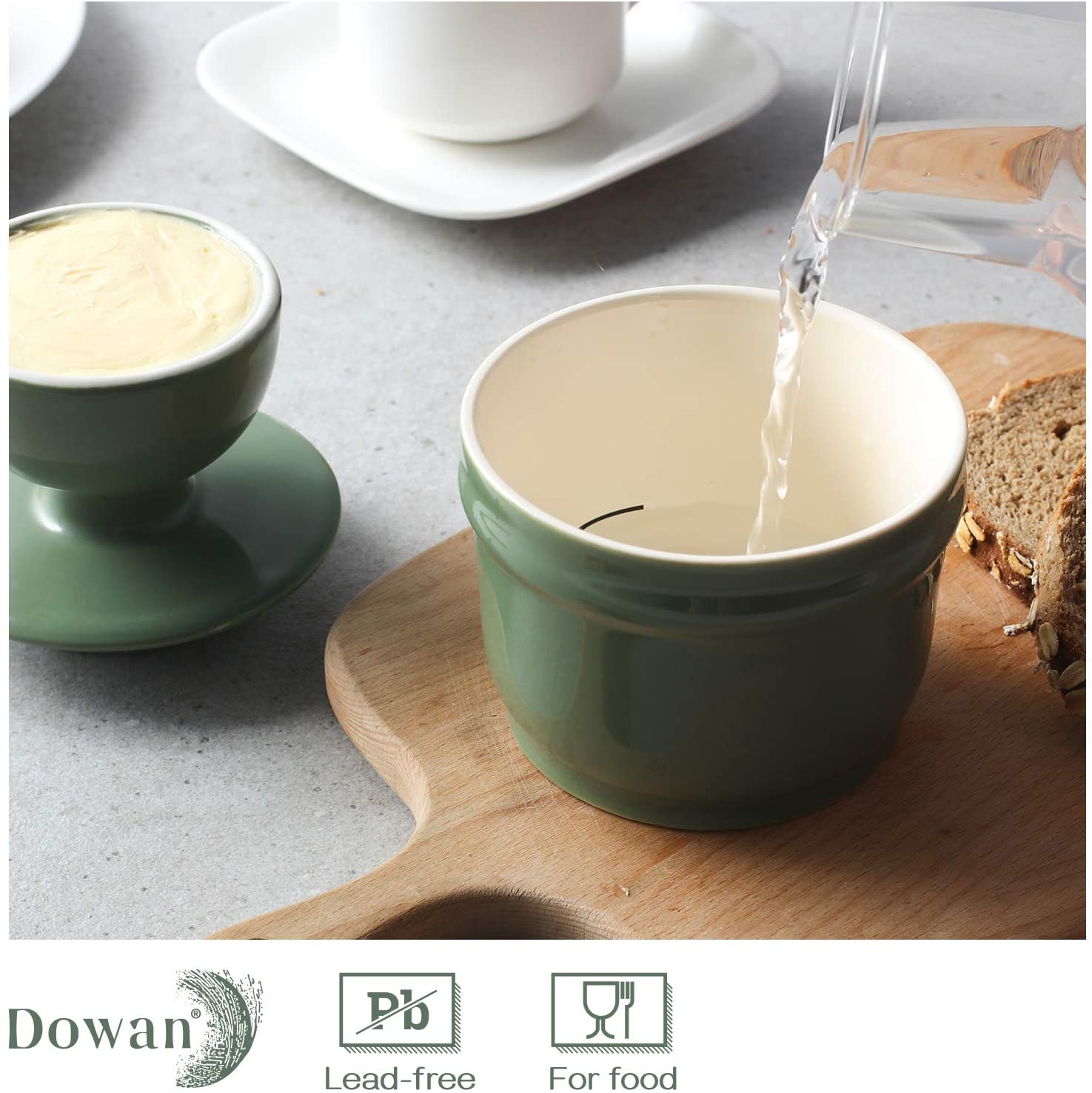 DOWAN Porcelain Butter Crock， Butter Keeper with Water Line， French Butter Dish for Soft Fresh Butter， Butter Container with Lid， No More Hard Butter， Green