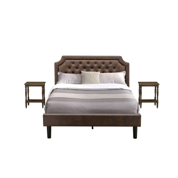 East West Furniture 3-Pc Bed Set with Frame and 2 Distressed Jacobean Mid Century Nightstands - Dark Brown Faux Leather - - 34702851