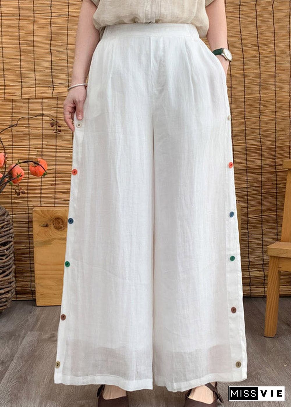 Elegant White Elastic Waist Linen Wide Leg Pants Summer