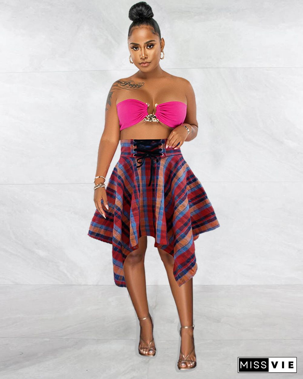 Fashion Irregular Plaid High Waist Skirt