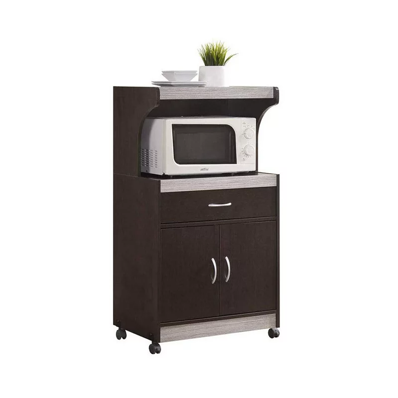 Hodedah Wheeled Microwave Cart with Drawer and Cabinet Storage， Chocolate Grey