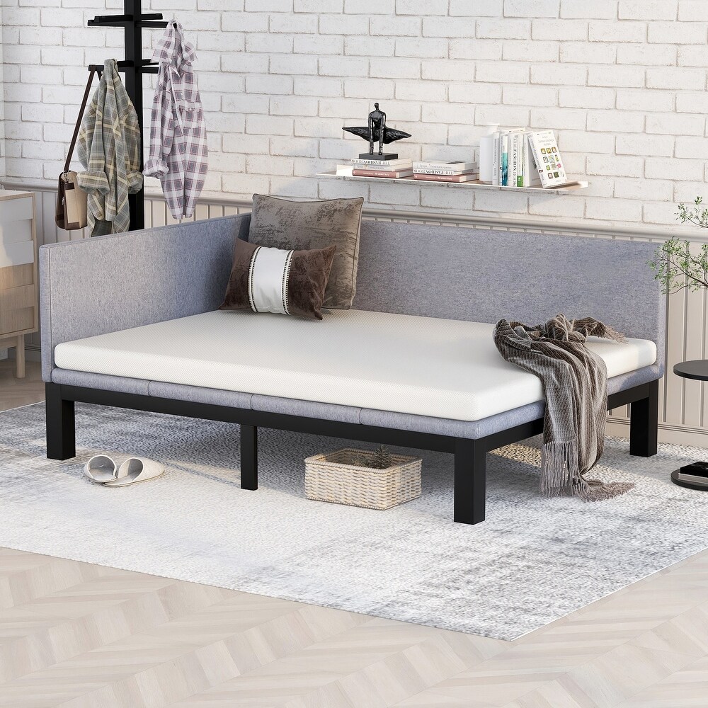 Full Linen Upholstered Daybed Single Sofa Bed  Three Dimensional Geometric Space Design Daybed for Single Apartment  Grey