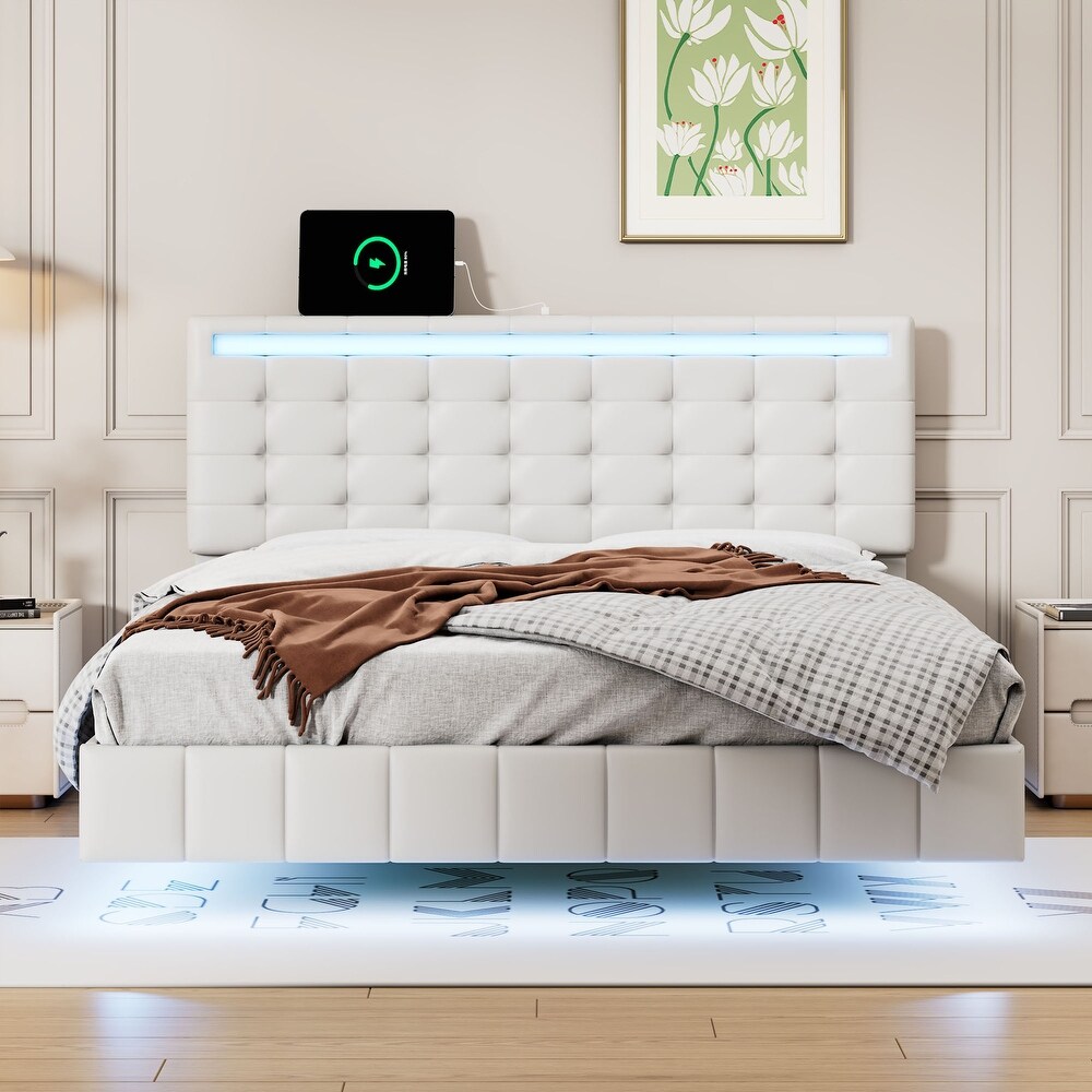 Floating Bed Frame with LED Lights and USB Charging Modern Upholstered Platform LED Bed Frame