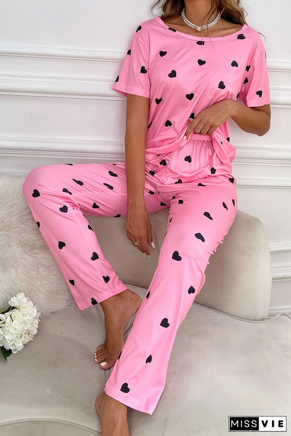 Pink Valentines Heart Print Tee and Pants Lounge Set