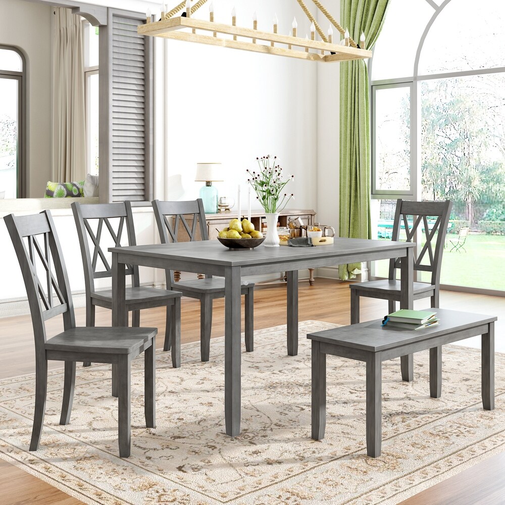 Classic Farmhouse 6 piece Wooden Dining Set with Rectangular Dining Table and Cross Back Side Chairs   Bench  for Dining Room