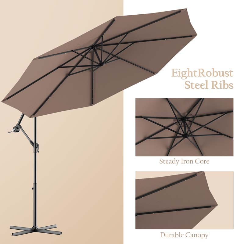 10 FT Offset Patio Umbrella with Solar LED Lights & Cross Base, Large Outdoor Cantilever Umbrella for Sun Rain