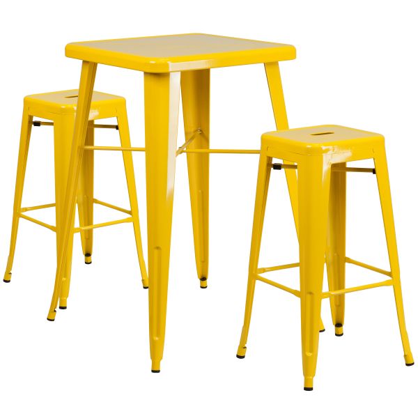 Flash Furniture 23.75'' Square Yellow Metal Indoor-Outdoor Bar Table Set with 2 Square Seat Backless Barstools