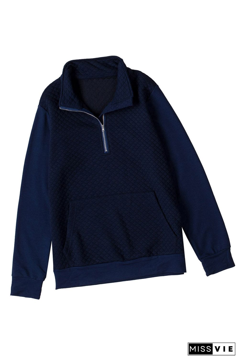 Navy Stand Neck Waffle Zip Up Sweatshirt