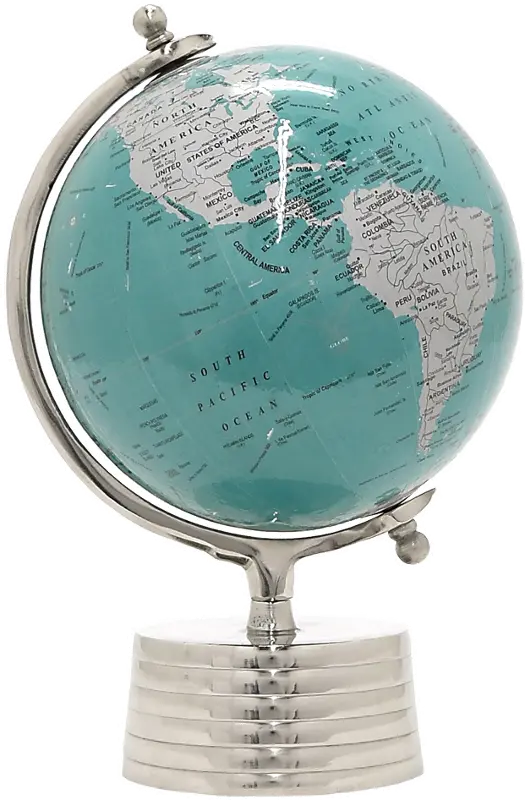 15 Inch Turquoise World Globe with Nickel Base