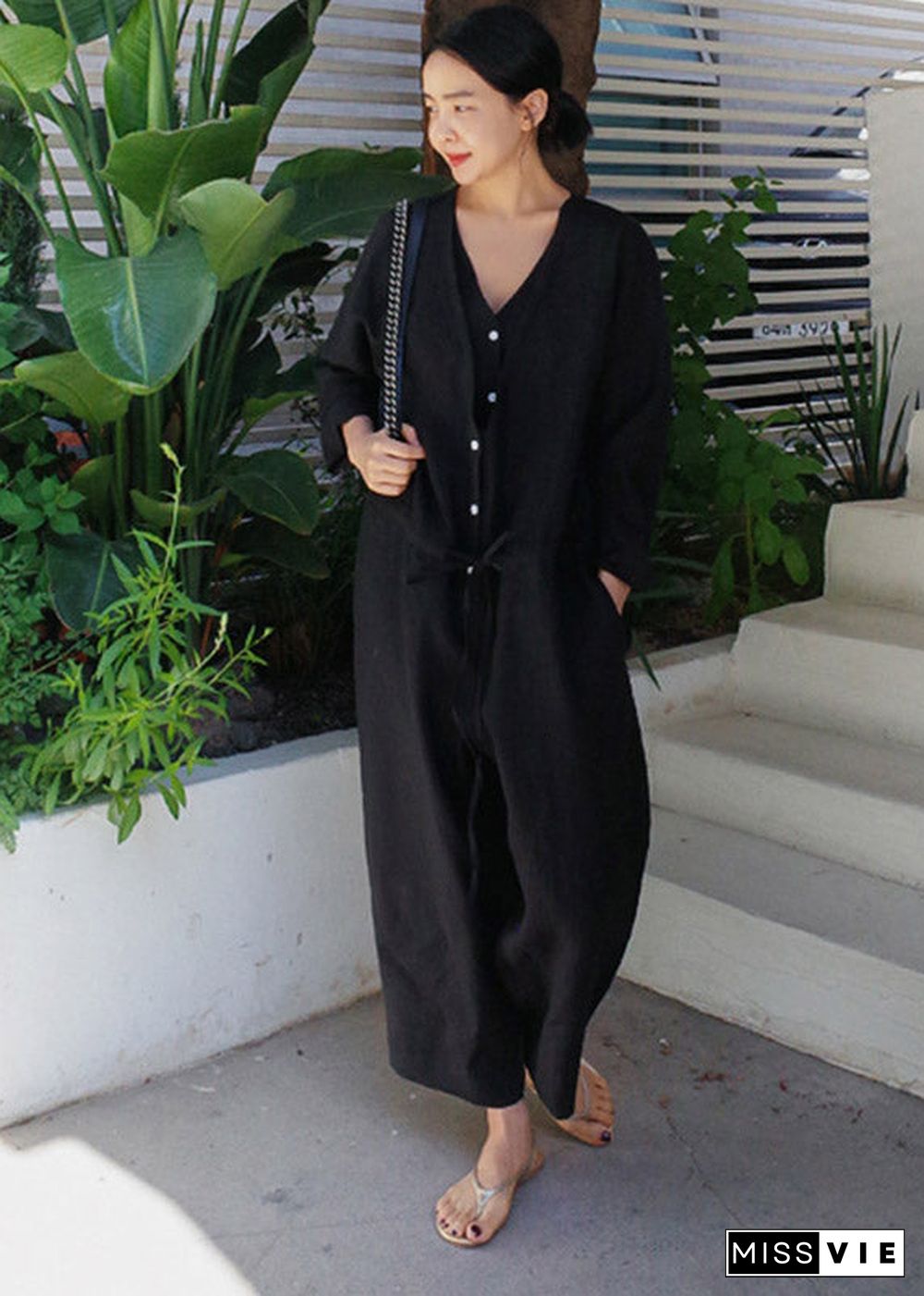 Black V Neck Tie Waist Linen Jumpsuit Spring