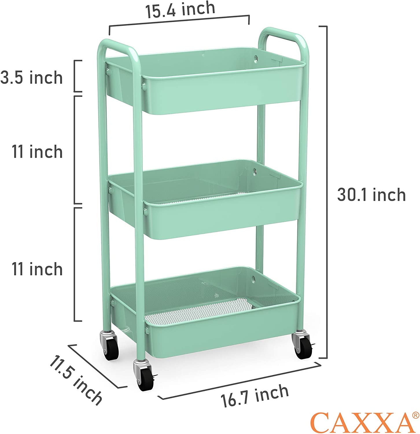 CAXXA 3-Tier Rolling Metal Storage Organizer - Mobile Utility Cart， Kitchen Cart with Caster Wheels (Aqua Green)