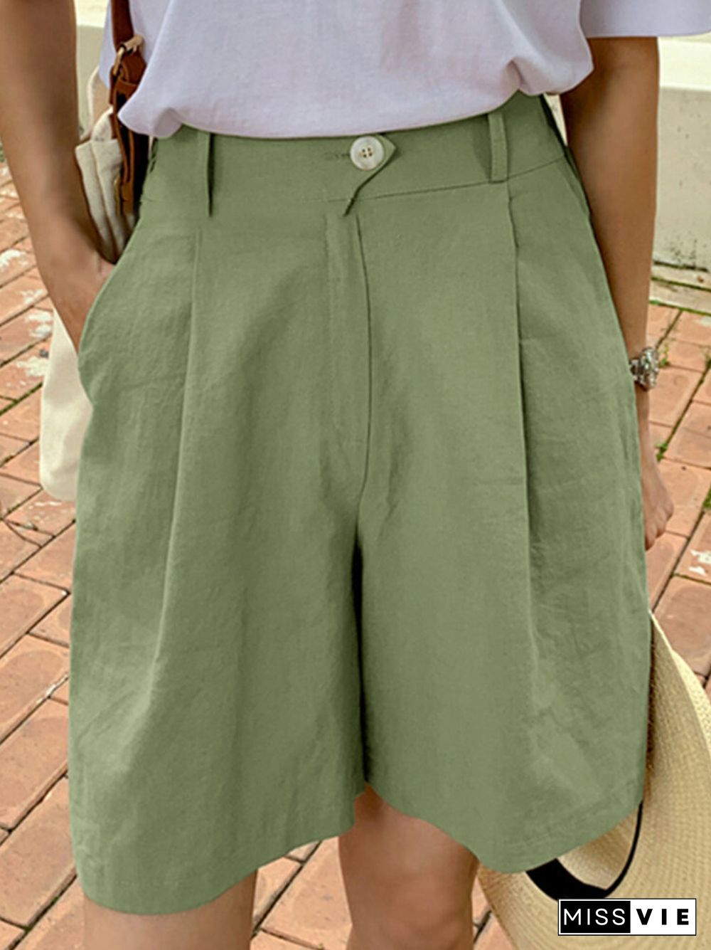 Solid Pocket Elastic Waist Casual Wide Leg Shorts