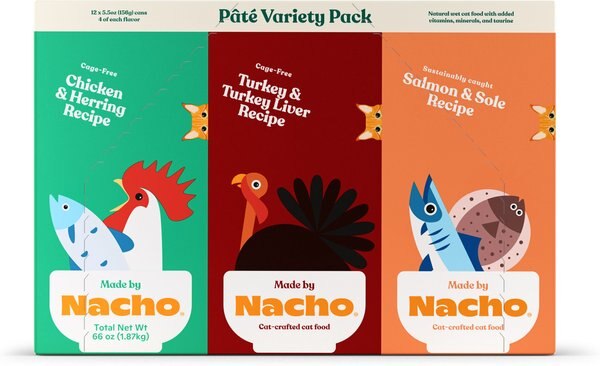 Made by Nacho Chicken， Herring， Salmon and Turkey Variety Pack Grain-Free Pate Wet Cat Food， 5.5-oz can， case of 12