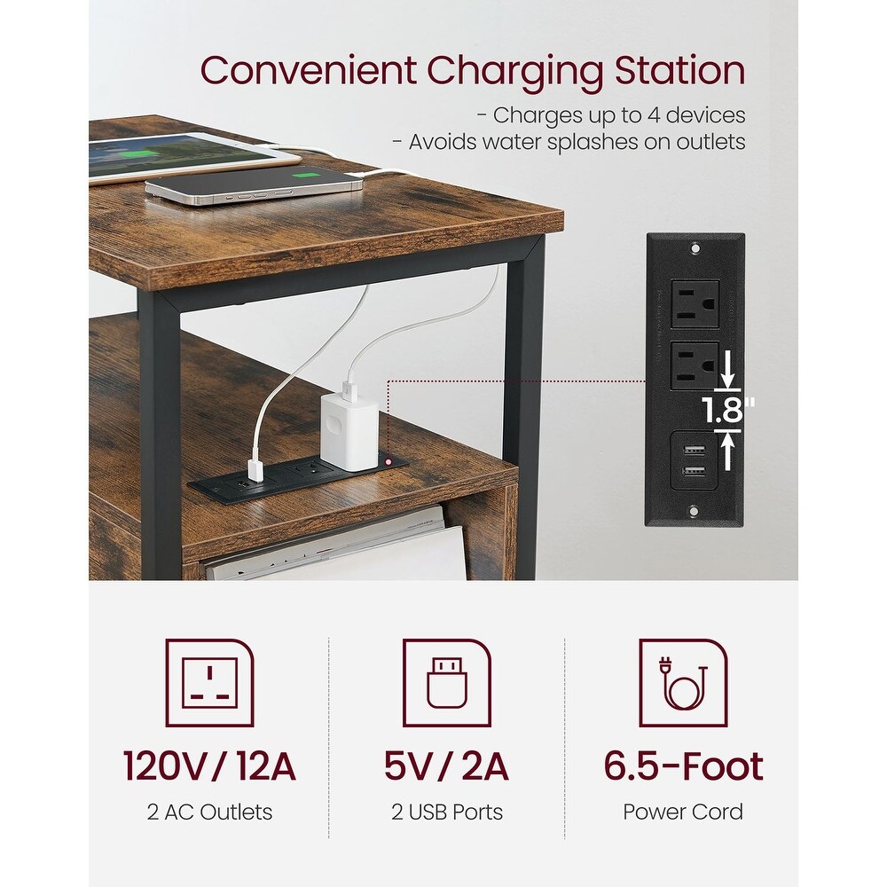 Slim Side Table Nightstand End Table with 2 Drawers and Charging Station for Small Spaces   23.6” x 13.8” x 24”