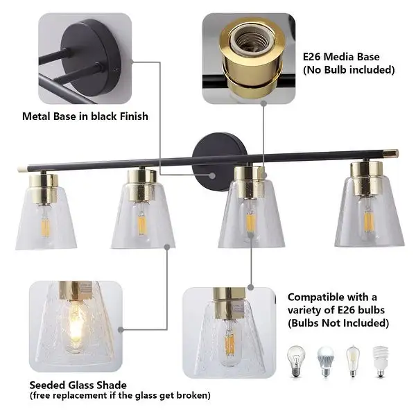 ExBrite 3-light Bathroom Dimmable Gold Vanity Lights Modern Wall Sconce Lighting with Seeded Glass