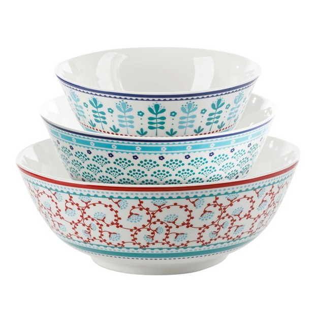 Gibson Home Village Vines 3 Piece Fine Ceramic Nesting Bowl Set In Assorted Colors