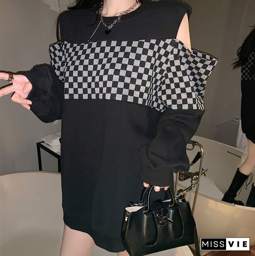 Lattice Print Cold Shoulder Loose Sweatshirt