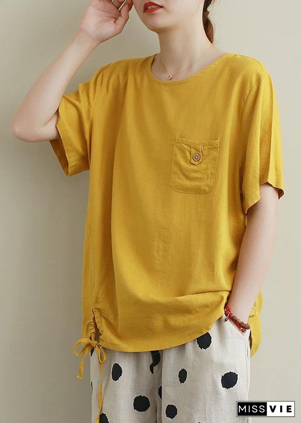 Style o neck drawstring linen cotton summerBlouse yellow baggy shirts