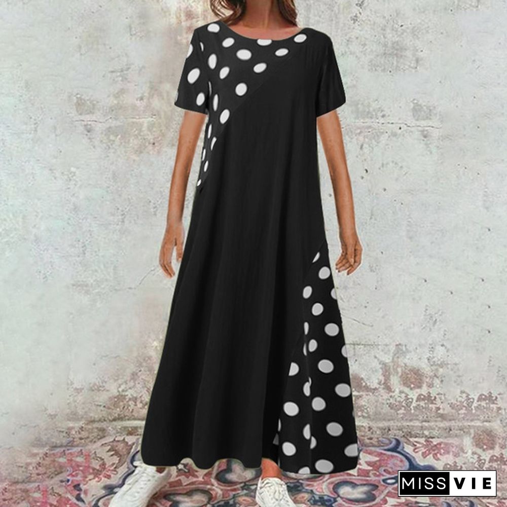 Summer Women Polka Dot Maxi Dress Robe Short Sleeve Round Neck Patchwork Party Casual Loose Long Dress Plus Size Tunic