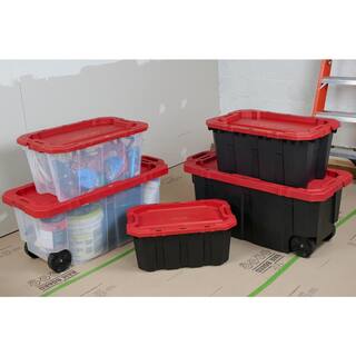 Husky 45 Gal. Latch and Stack Tote with Wheels in Black with Red Lid 206201