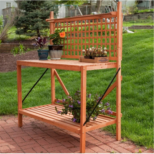 Outdoor Weather Resistant Fir Wood Potting Bench Garden Table with Lattice Back