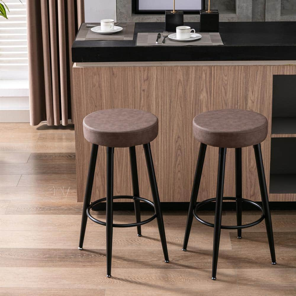 mieres 28 in. H Industrial PU Leather Bar Stools Round Kitchen Counter Stools Bar Chairs with Metal Leg (Set of 2) YWZW1143412041