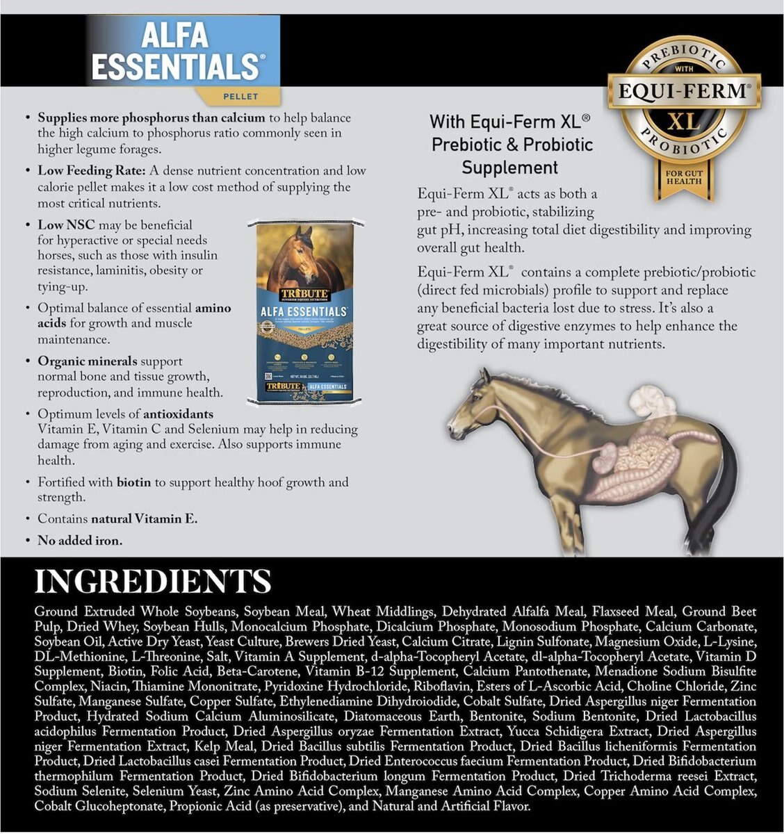 Tribute Equine Nutrition Alfa Essentials Pellets Horse Feed， 50-lb bag