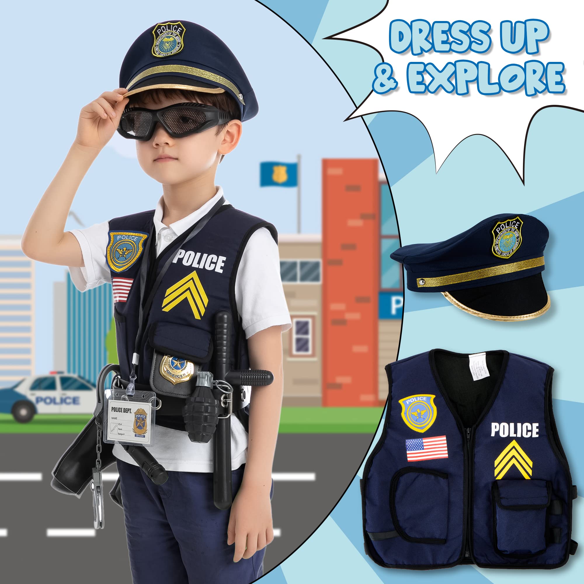 JOYIN 14 Pcs Police Pretend Play Toys Hat and Uniform Outfit for Halloween Dress Up Party, Police Officer Costume, Role-playing