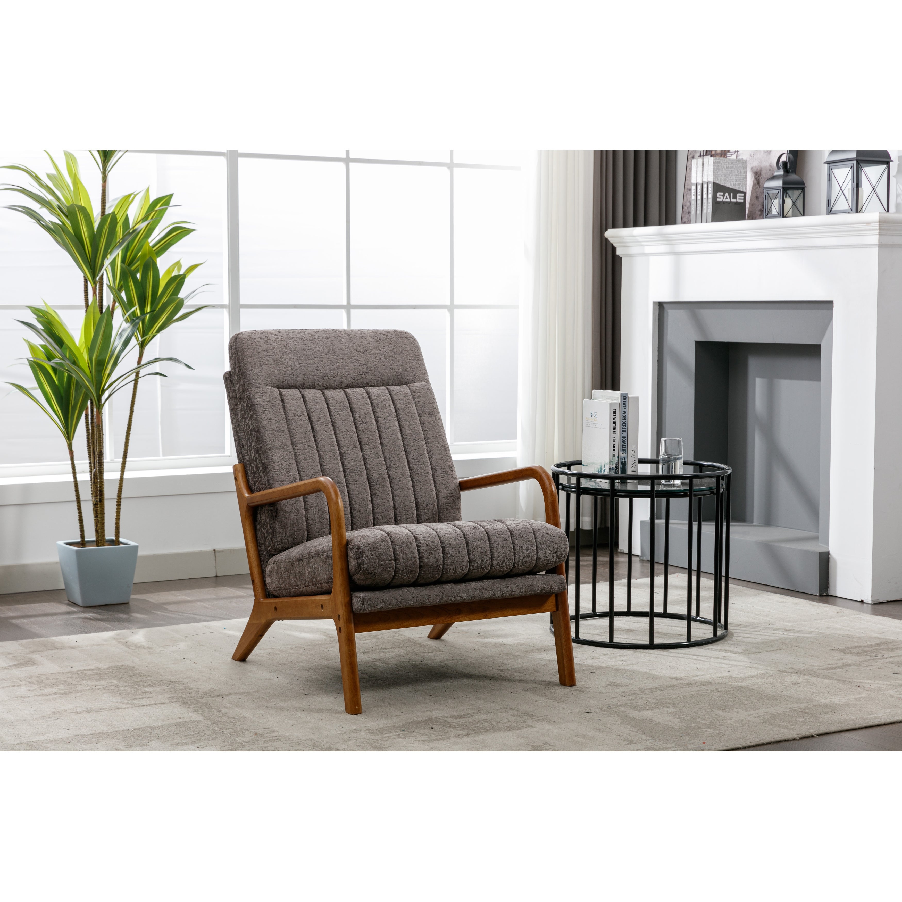 Wood Frame High Back Armchair， Modern Accent Arm Chair for Living Room with Removable Cushion Fabric Lounge Chairs， Dark Gray