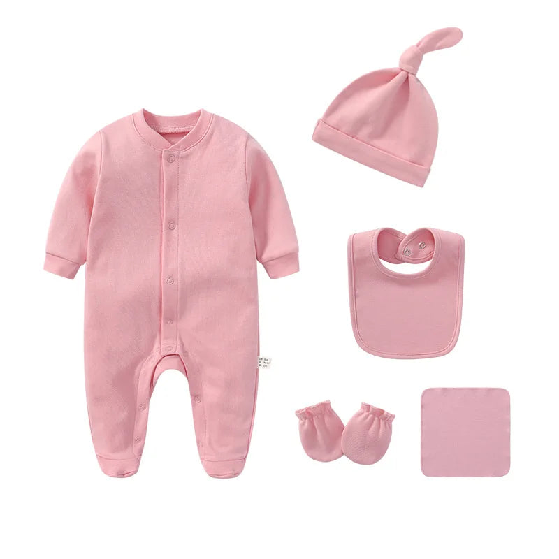 Baby Set Newborn Baby Boy Girl Clothing 100% Cotton Long Sleeved Solid Color Rompers Hat Bib Suit 0-3 Months Infant Products