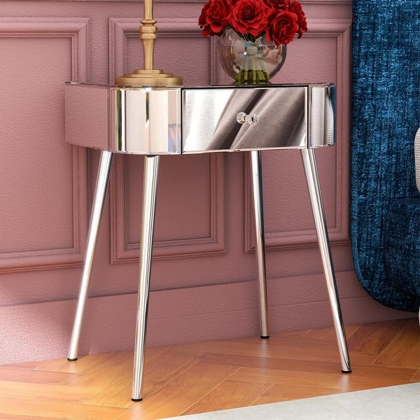 Mirrored Accent Table 1 Drawer Silver Curved Corners