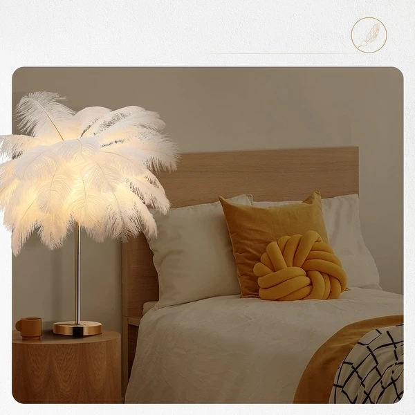 Gold and White Feather Tripod Table Lamp With Bulb